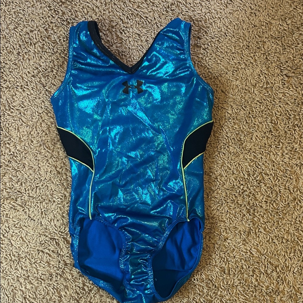 Under Armour Shimmering Blue Leotard with Black and Yellow Trim for gymnastics